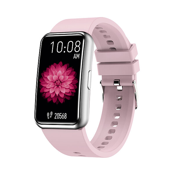 Fitness-/Aktivitätstracker mit silbernem Gehäuse und roséfarbenem Silikonarmband von Paragon Uhren