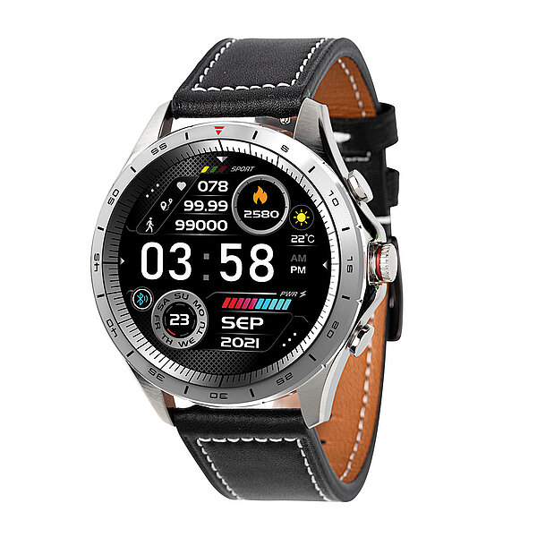 Atlanta Smartwatch mit silbernem Gehäuse und schwarzem Lederarmband - von Paragon Uhren