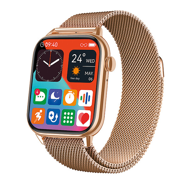 Fitness-/Aktivitätstracker mit rosegoldenen Gehäuse und rosegoldenen Mesharmband
