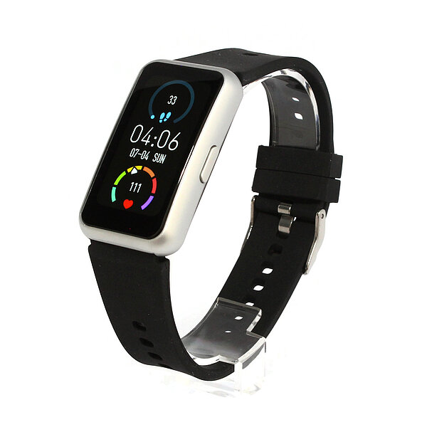 Fitness-/Aktivitätstracker mit silbernem Gehäuse und schwarzem Silikonarmband von Paragon Uhren