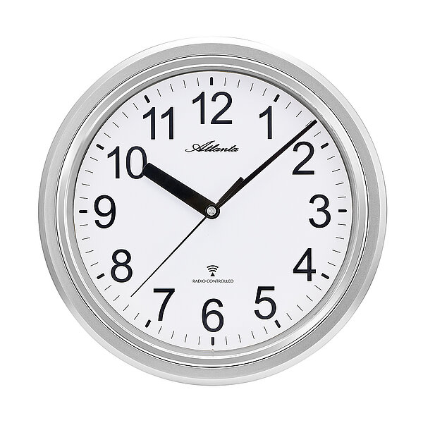 Funk-Wanduhr in silber mit großen arabischen Ziffern von Paragon Uhren