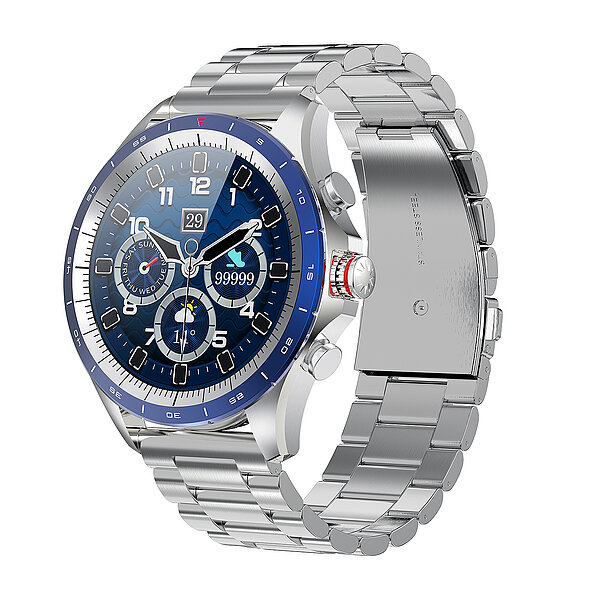 Atlanta Smartwatch mit blau-silbernem Gehäuse und silbernem Metallband von Paragon Uhren