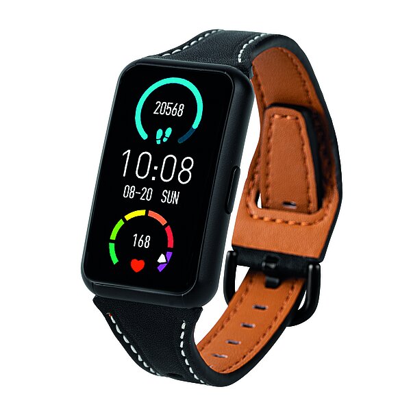 Fitness-/Aktivitätstracker mit schwarzem Gehäuse und schwarzen Lederarmband - von Paragon Uhren