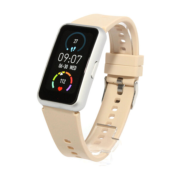 Fitness-/Aktivitätstracker mit silbernem Gehäuse und beigem Silikonarmband von Paragon Uhren