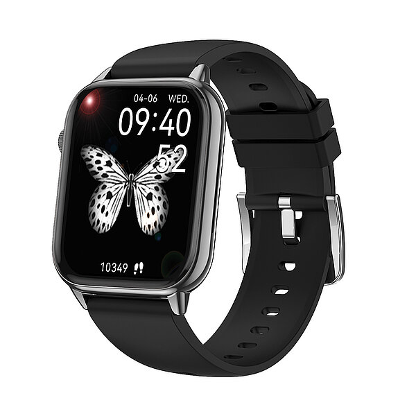 Fitness-/Aktivitätstracker mit silbernem Gehäuse und schwarzem Silikonarmband von Paragon Uhren