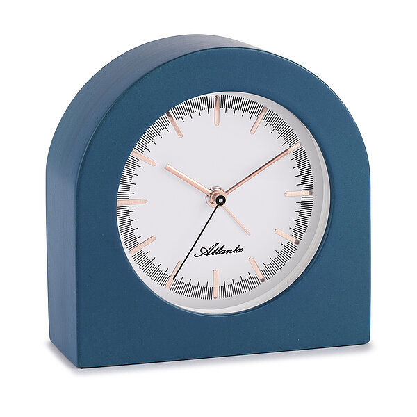 Klassisch elegante Quartz-Tischuhr, schleichende Sekunde, filigranes Index-Zifferblatt, Holzgehäuse in Blau von Paragon Uhren