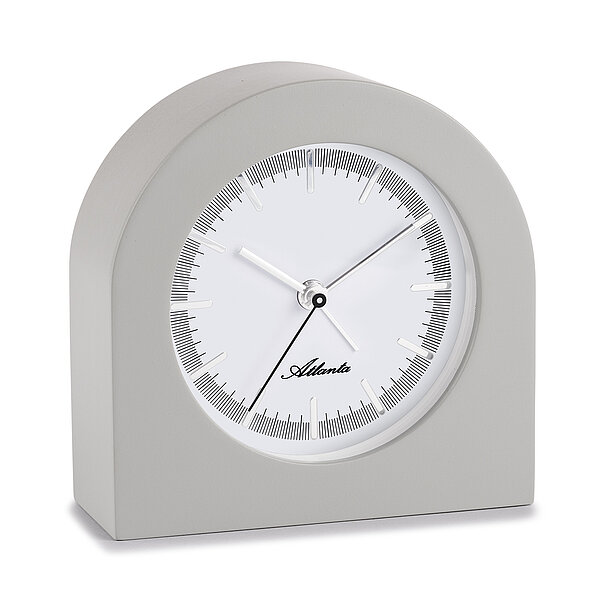 Klassisch elegante Quartz-Tischuhr, schleichende Sekunde, filigranes Index-Zifferblatt, Holzgehäuse in Grau von Paragon Uhren