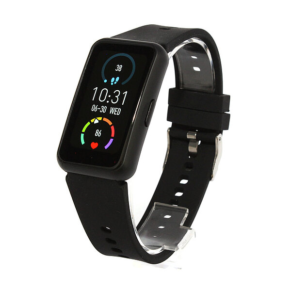 Fitness-/Aktivitätstracker mit schwarzem Gehäuse und schwarzen Silikonarmband von Paragon Uhren