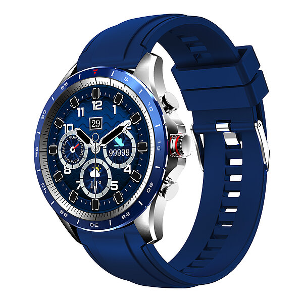 Atlanta Smartwatch mit blau-silbernem Gehäuse und blauem Silikonband von Paragon Uhren