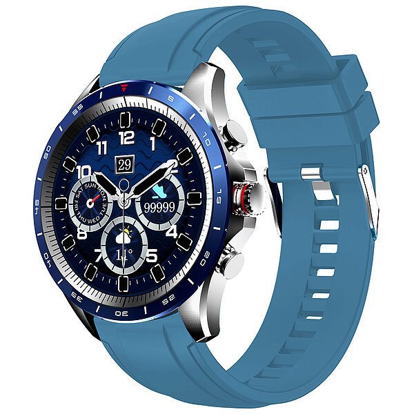 Atlanta Smartwatch mit blau-silbernem Gehäuse und blauem Silikonband von Paragon Uhren