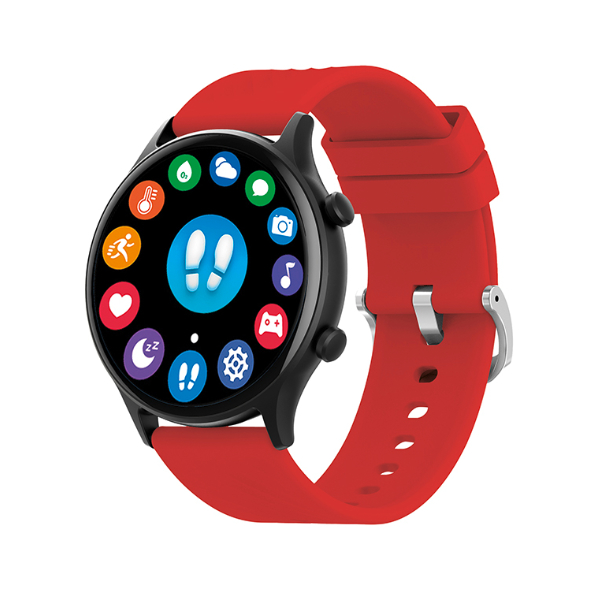 Fitness-/Aktivitätstracker, Lieferumfang: 1 Smartwatch schwarz, Silikonband rot + 1 Ladeclip USB + Bedienungsanleitung; Zeit- und Datumsanzeige, Schrittmesser, Kalorienverbrauch, Herzfrequenz, Blutsauerstoff, Blutdruck, 3 Alarme, Countdown-Timer, Schlafmessung, Telefonfunktion, Anruf- und Nachrichtenalarm, Fotoauslöser (Fernbedienung für das Smartphone), Musicplayer (Fernbedienung für das Smartphone), 30 konventionelle Sportarten (Laufen, Radfahren, Fitness, Yoga, uvm.), Stoppuhr, Erinnerungsfunktionen (Sitzen, Trinken, Medikamente, Meetings), Wetterbericht, Atemtraining, Gewichtskontrolle mit BMI, Physiologische Zykluserinnerung, Steuerung über kostenlose Smartphone App DaFit, Langzeitanalysen mit Diagrammdarstellungen, Tiefenanalyse aller Daten möglich