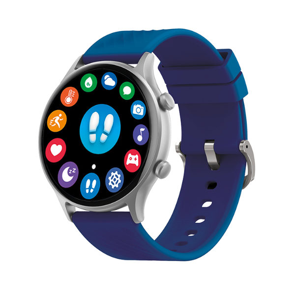 Fitness-/Aktivitätstracker, Lieferumfang: 1 Smartwatch silberfarben, Silikonband blau + 1 Ladeclip USB + Bedienungsanleitung; Zeit- und Datumsanzeige, Schrittmesser, Kalorienverbrauch, Herzfrequenz, Blutsauerstoff, Blutdruck, 3 Alarme, Countdown-Timer, Schlafmessung, Telefonfunktion, Anruf- und Nachrichtenalarm, Fotoauslöser (Fernbedienung für das Smartphone), Musicplayer (Fernbedienung für das Smartphone), 30 konventionelle Sportarten (Laufen, Radfahren, Fitness, Yoga, uvm.), Stoppuhr, Erinnerungsfunktionen (Sitzen, Trinken, Medikamente, Meetings), Wetterbericht, Atemtraining, Gewichtskontrolle mit BMI, Physiologische Zykluserinnerung, Steuerung über kostenlose Smartphone App DaFit, Langzeitanalysen mit Diagrammdarstellungen, Tiefenanalyse aller Daten möglich
